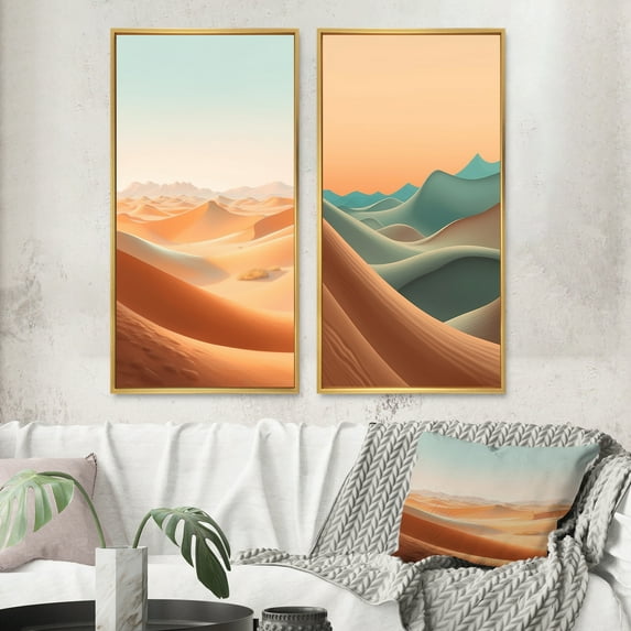 Designart "Sands of the Desert II" Desert Framed Wall Art Set Of 2 - Beige Landscapes Framed Canvas Set For Living Room Decor