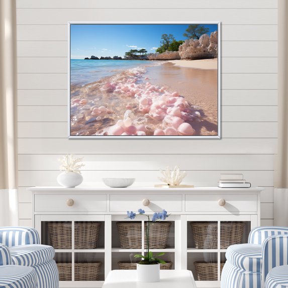 Designart "Sandy Beach in Pink Hues II" Landscapes Floater Framed Canvas Wall Art