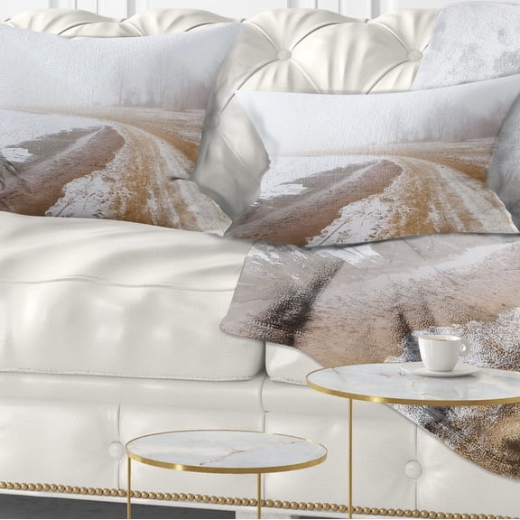 Designart Sandy Beach in the Winter Fog - Modern Seashore Throw Pillow - 12x20