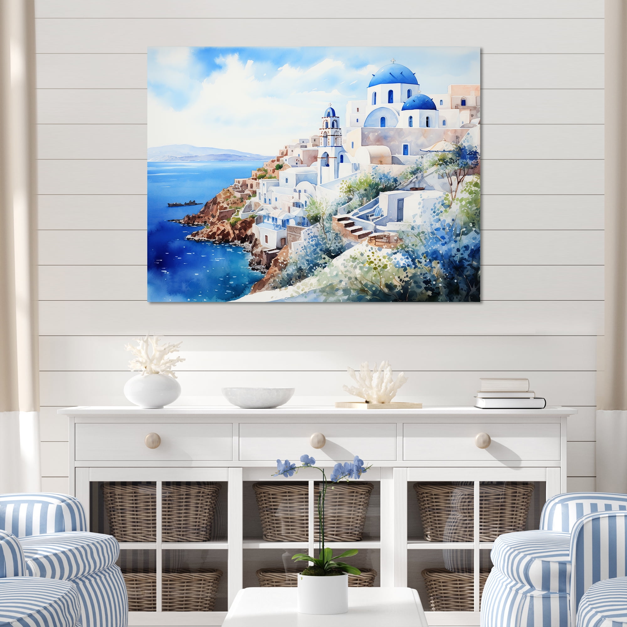 Designart "Santorini Isles Blue and White Charm II" Landscapes Wall Art