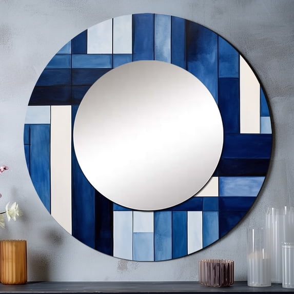 Designart "Sapphire Symmetry in Blue and White I" Abstract Shapes Round Mirror Wall Decor Modern - Large Blue Round Office Mirror - Round Mirror - 23" x 23"