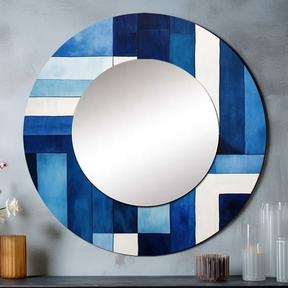 DESIGN ART Designart "Blue White Sapphire Symmetry" Abstract Shapes Wall Mounted Round Mirror - Blue Modern Large Mirror Wall Décor 36x36 - Disc of 36
