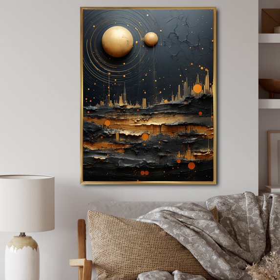 Designart "Saturn s Sonata Neptune in Yellow and Black I" Neptune Floater Framed Canvas Print