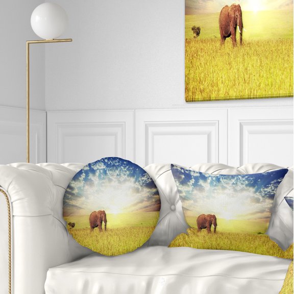 Designart Savannah Elephant in Grassland - African Throw Pillow - 12x20
