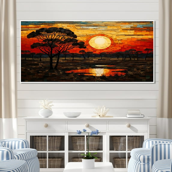 Designart "Savannah Sunset in African Safari Palette III" Extra Large Geometric Framed Wall Art - Bohemian Yellow Boho Mosaic Living Room Framed Canvas Art