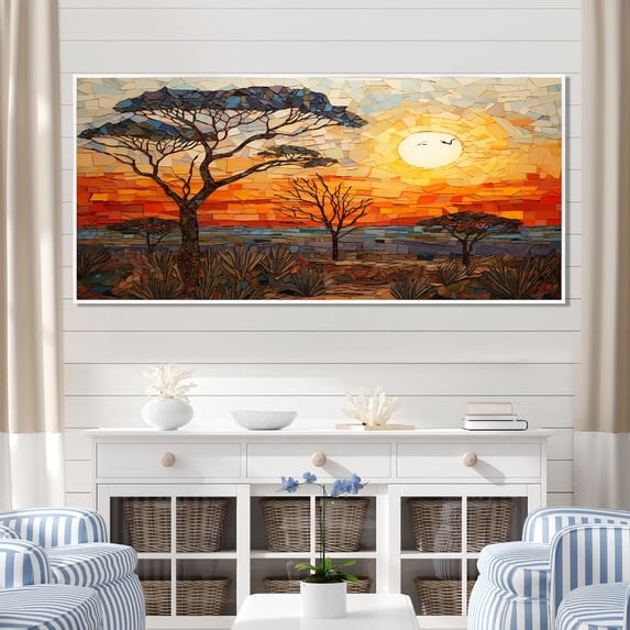 Designart "Savannah Sunset in African Safari Palette I" Extra Large Geometric Framed Wall Art - Bohemian Yellow Boho Mosaic Entryway Framed Wall Art