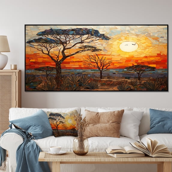 Designart "Savannah Sunset in African Safari Palette I" Extra Large Geometric Framed Wall Art - Bohemian Yellow Boho Mosaic Entryway Framed Wall Art