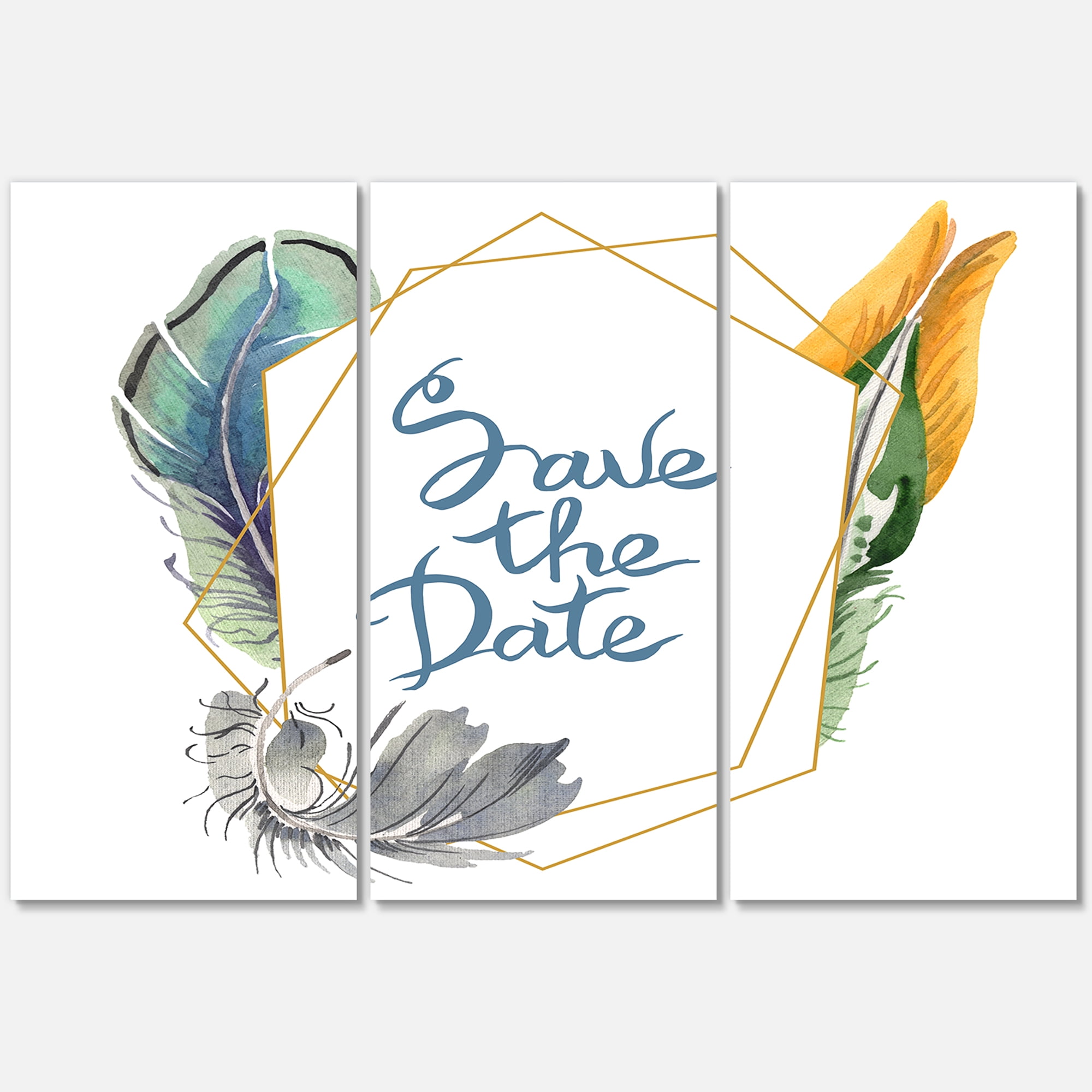 Designart ' Save The Date Bird Blue Feather ' Bohemian & Eclectic Canvas Wall Art Print