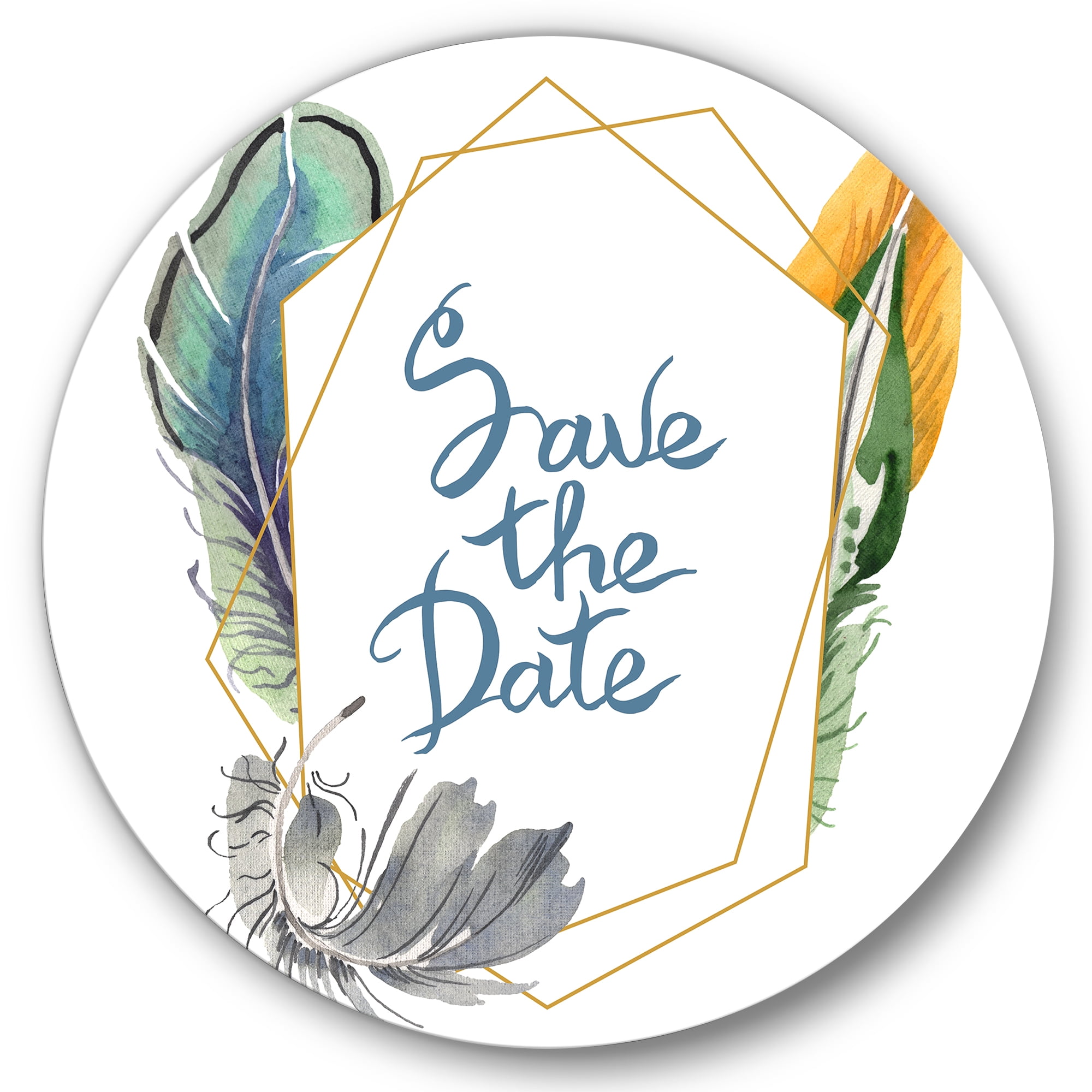 Designart 'Save The Date Bird Blue Feather' Bohemian & Eclectic Circle Metal Wall Art 23x23 - Disc of 23