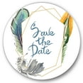 thumbnail image 1 of Designart 'Save The Date Bird Blue Feather' Bohemian & Eclectic Circle Metal Wall Art 29x29 - Disc of 29, 1 of 5