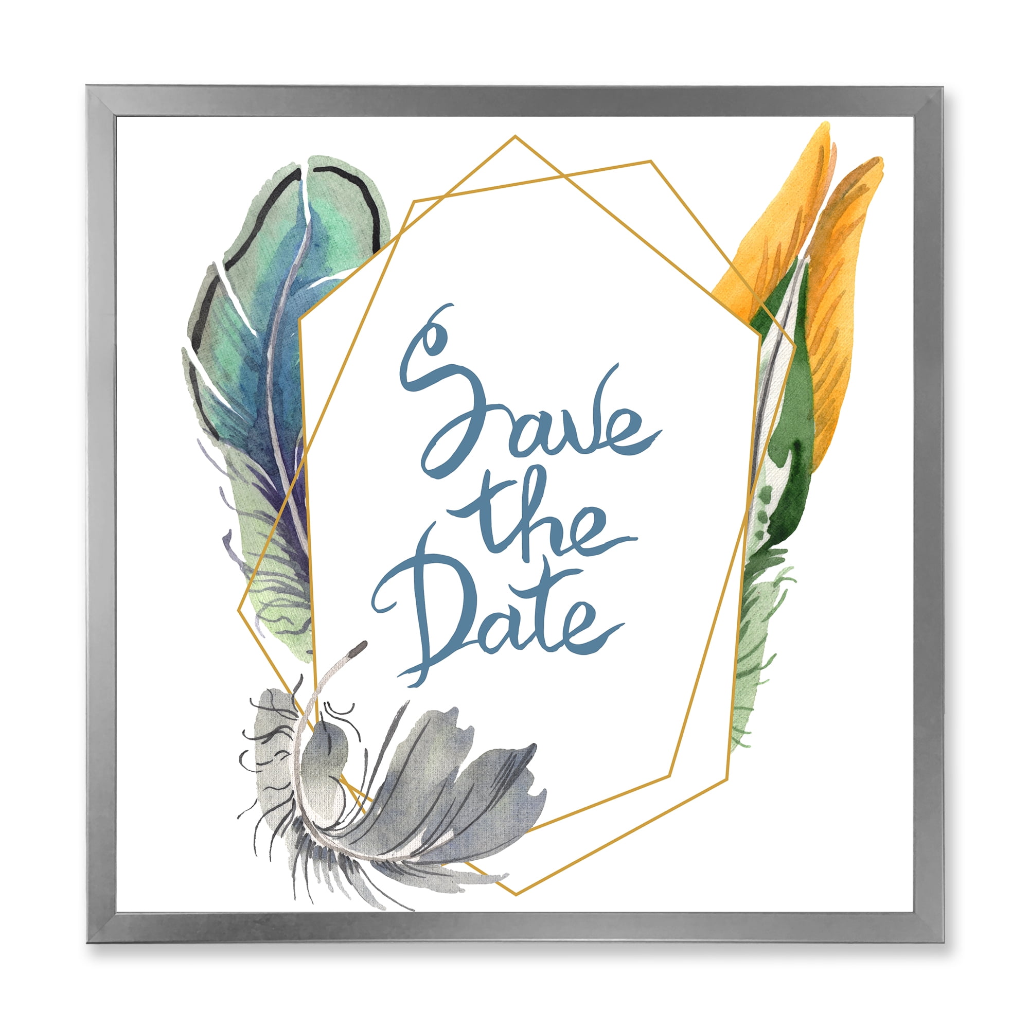 Designart 'Save The Date Bird Blue Feather' Bohemian & Eclectic Framed Art Print