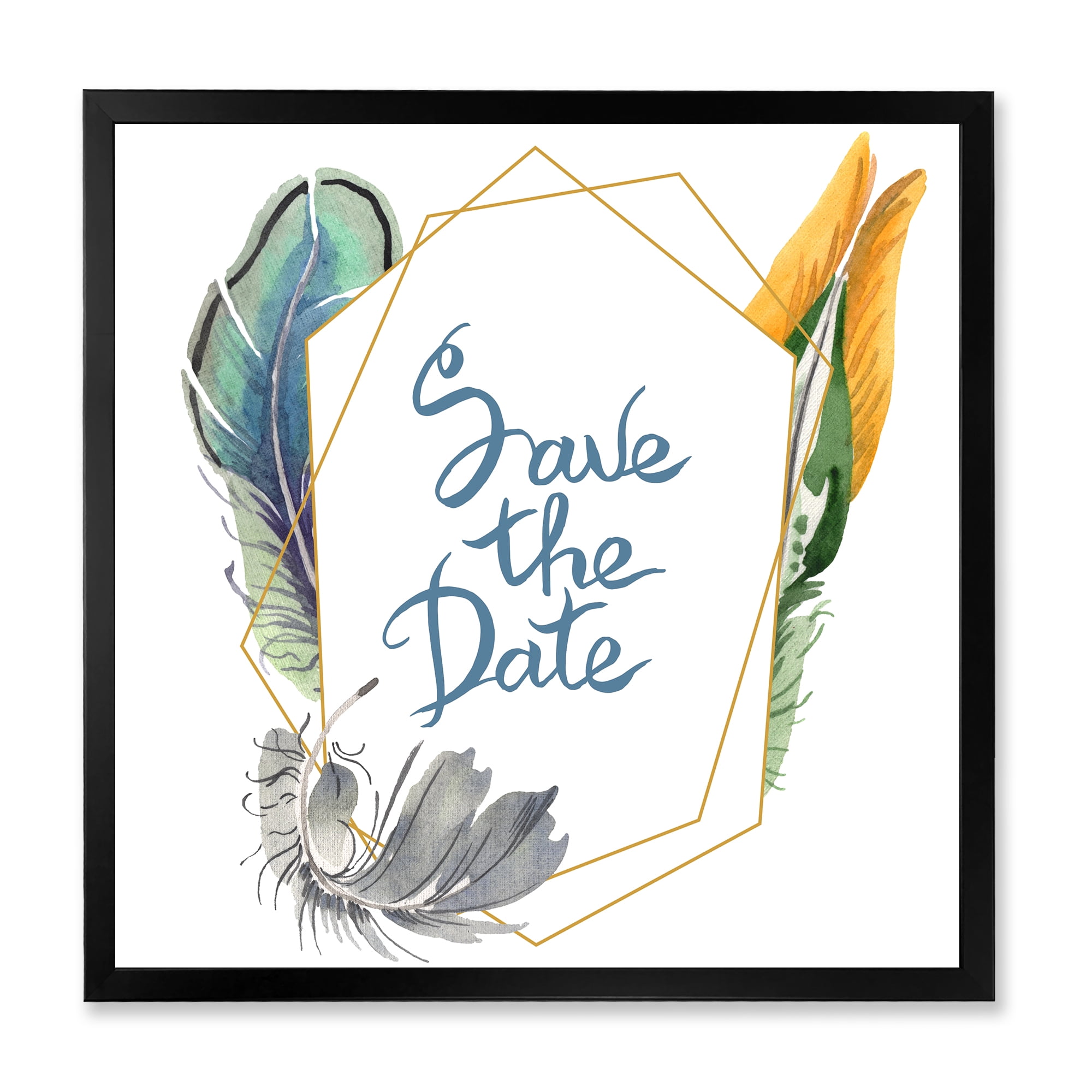 Designart 'Save The Date Bird Blue Feather' Bohemian & Eclectic Framed Art Print