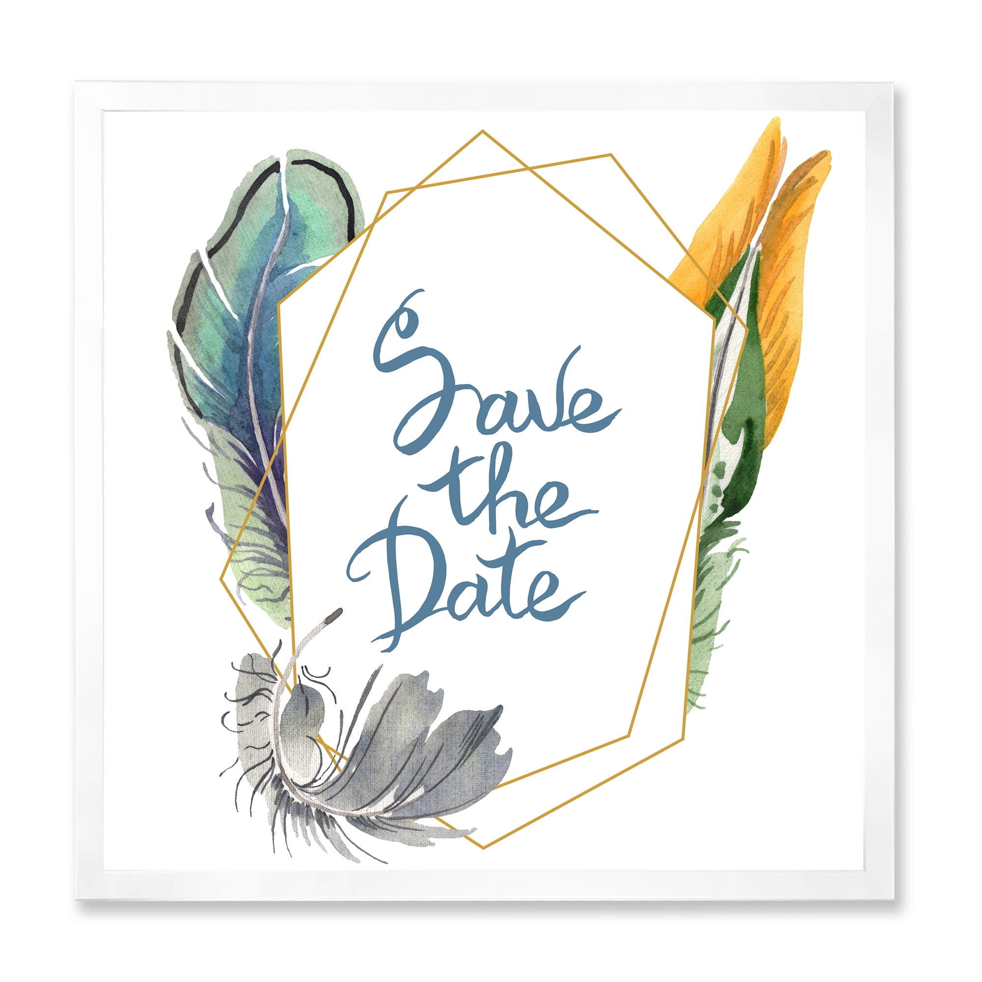 Designart 'Save The Date Bird Blue Feather' Bohemian & Eclectic Framed Art Print