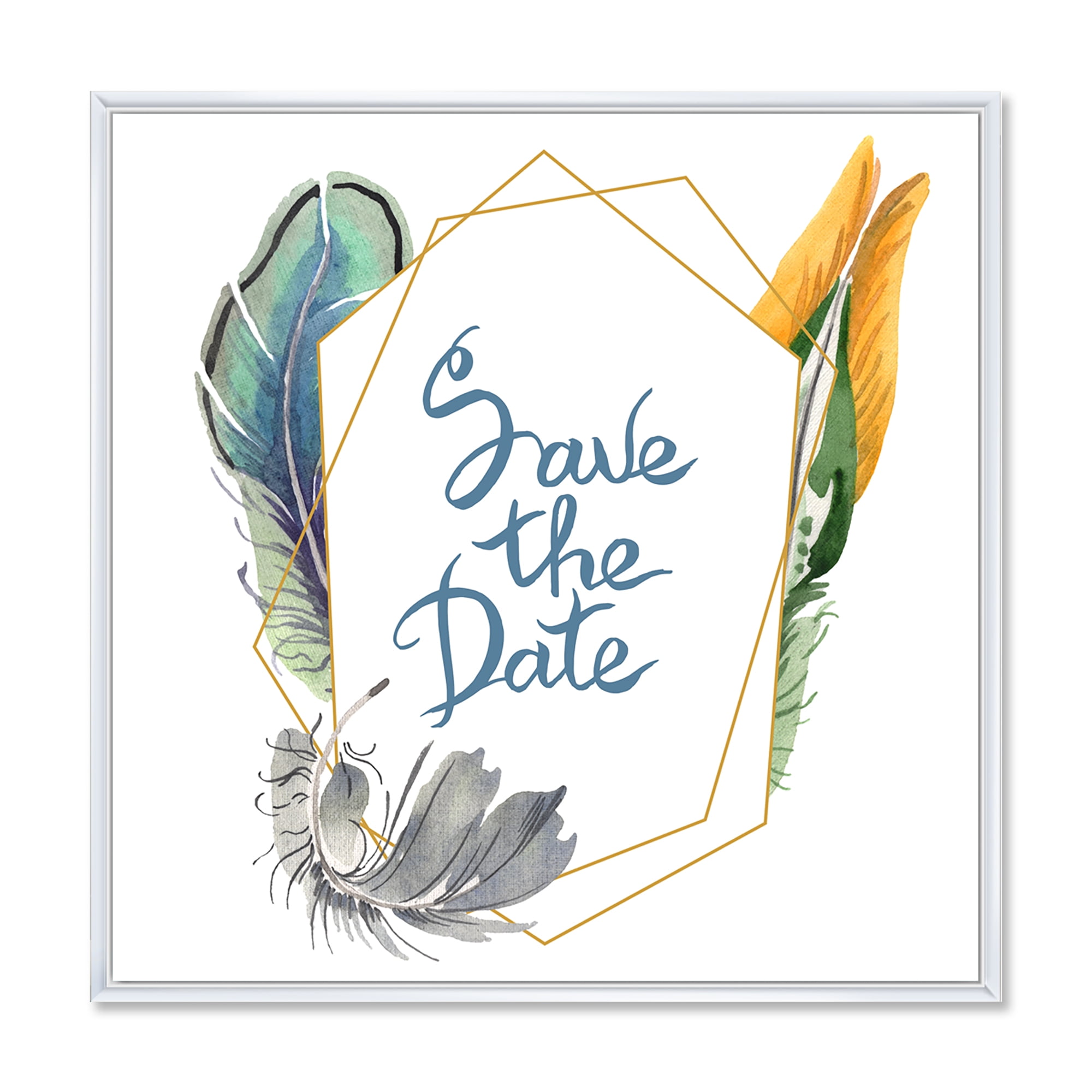 Designart 'Save The Date Bird Blue Feather' Bohemian & Eclectic Framed Canvas Wall Art Print