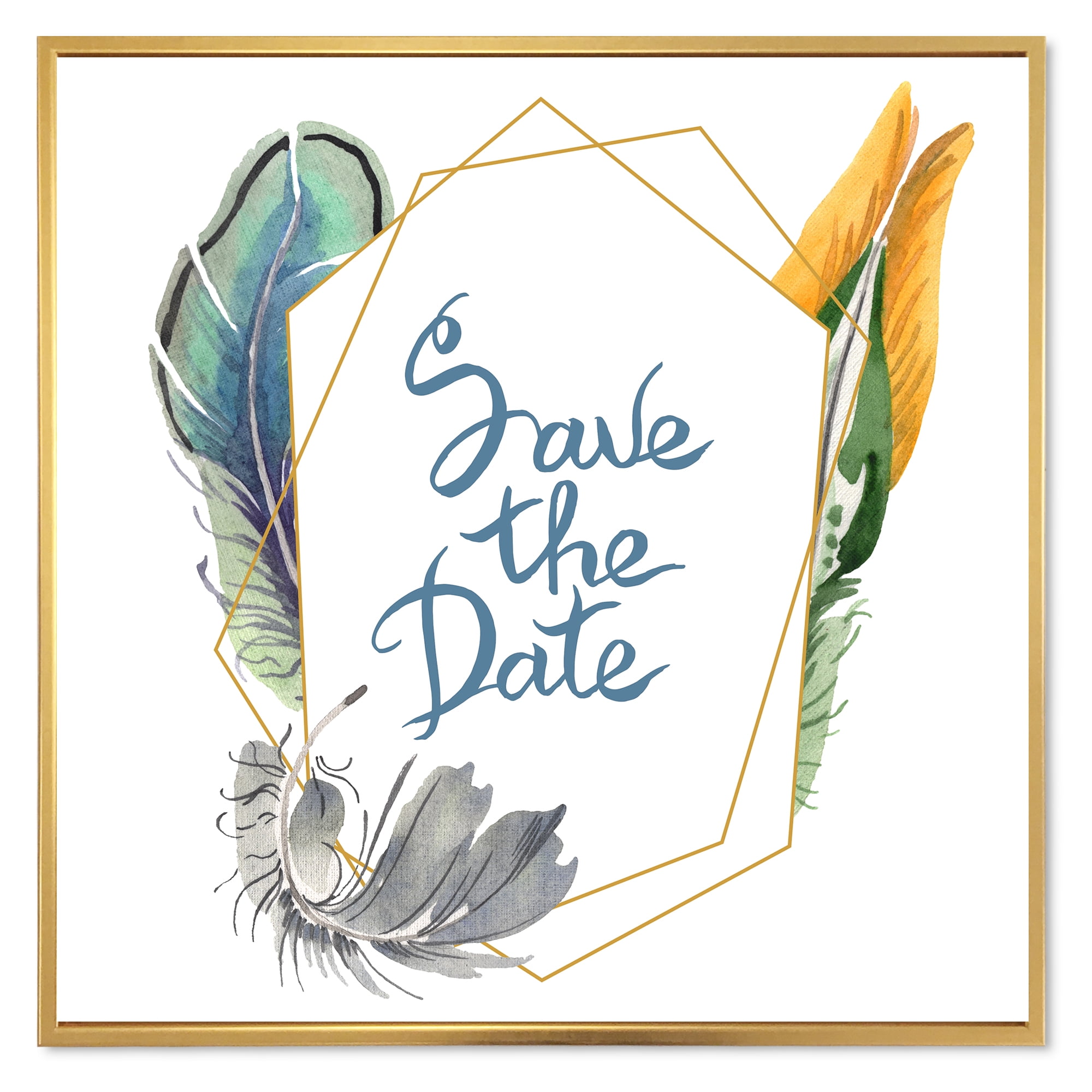 Designart 'Save The Date Bird Blue Feather' Bohemian & Eclectic Framed Canvas Wall Art Print