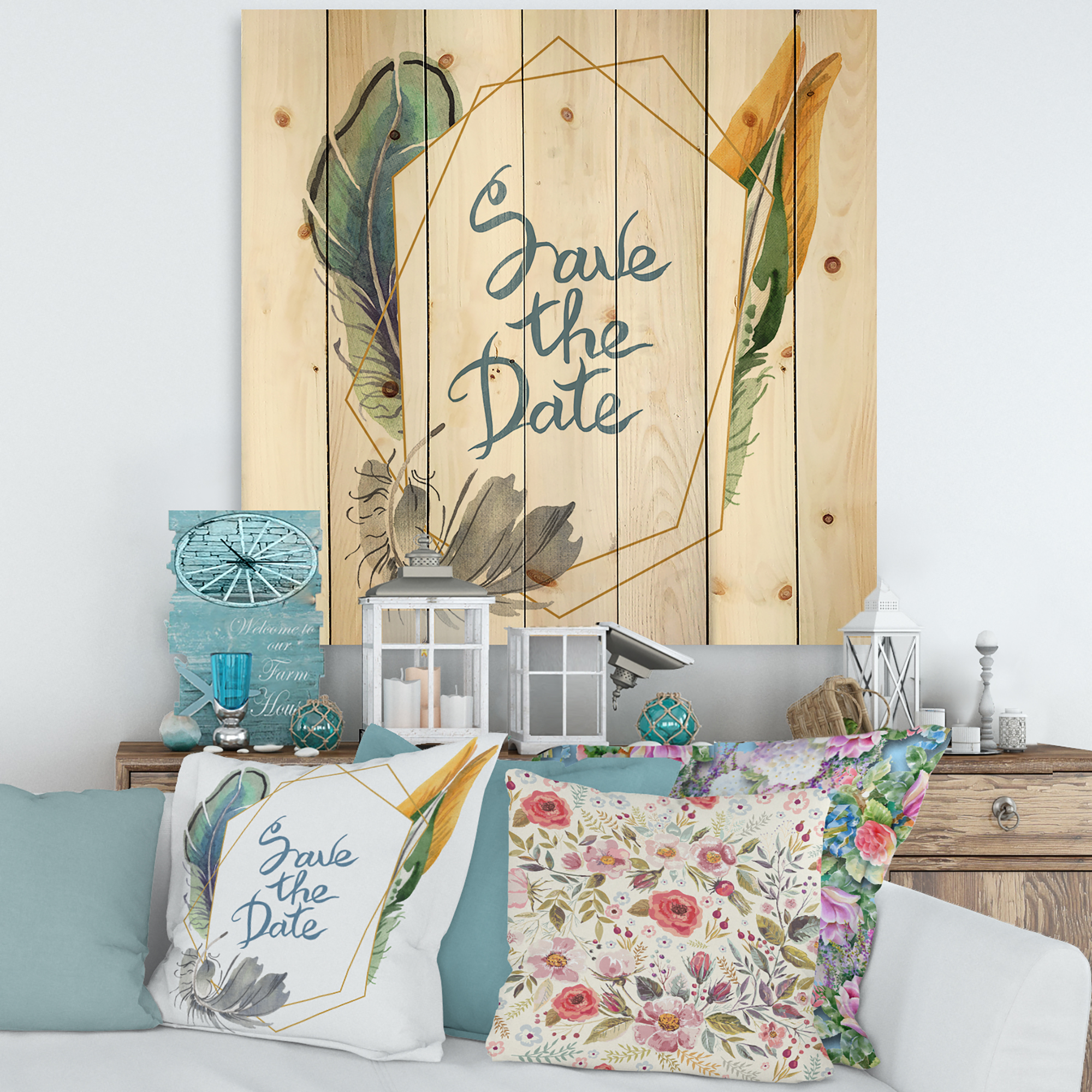 Designart 'Save The Date Bird Blue Feather' Bohemian & Eclectic Print on Natural Pine Wood