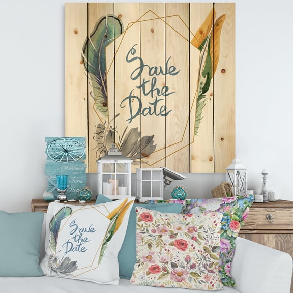 Designart 'Save The Date Bird Blue Feather' Bohemian & Eclectic Print on Natural Pine Wood