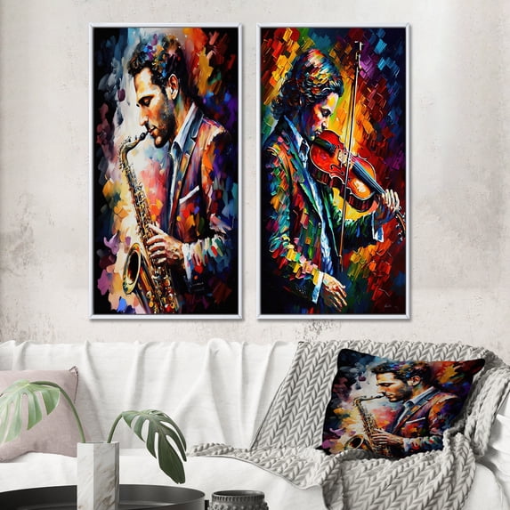 Designart "Saxophonist s Spotlight Jazz Magic II" Music Framed Wall Art Set Of 2 - Gold Music Framed Canvas Set For Living Room Decor