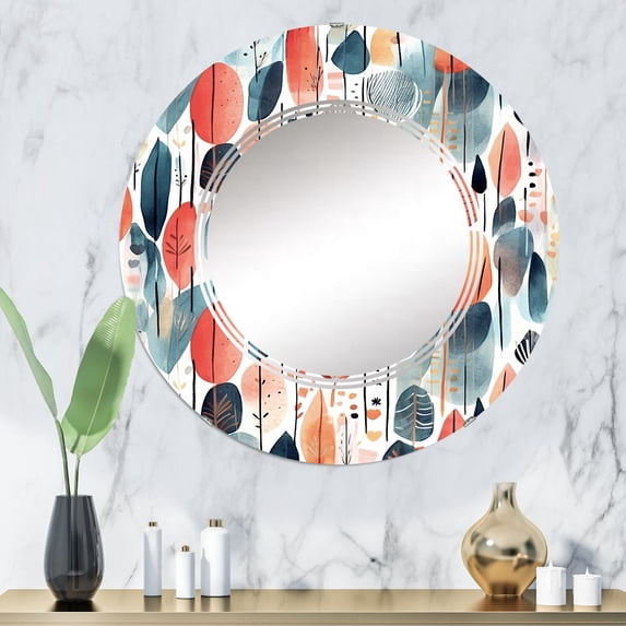 Designart "Scandinavian Flowers in Coral and Teal III" Abstract Round Wall Mirror - Floral Oval Printed Decorative Oversized Mirror - Multiple Color Options