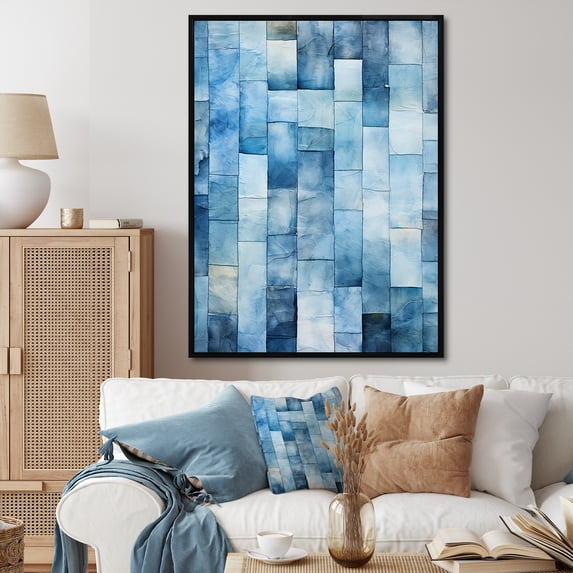 Designart "Scandinavian Tiles in White and Blue VII" Abstract Framed Wall Art - Modern White Abstract Tile Entryway Framed Wall Art Print