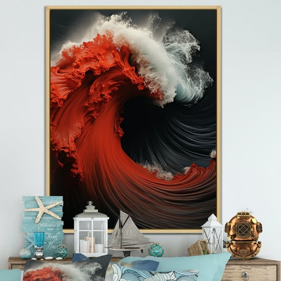 Designart "Scarlet And Ivory Wave Vivid Amazement" Coastal Floater Framed Canvas Prints