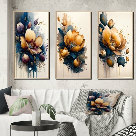 Designart "Scarlet Crocus Blossoms III" Floral & Botanical Framed Wall Art Set Of 3 - Blue Crocus Frame Gallery Set For Office Decor