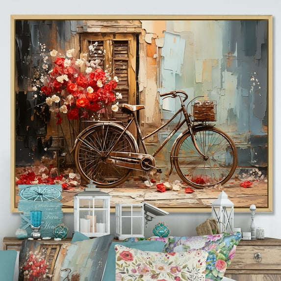 Designart "Scarlet Trek Blooming Journey" Bicycle Floater Framed Wall Art Living Room