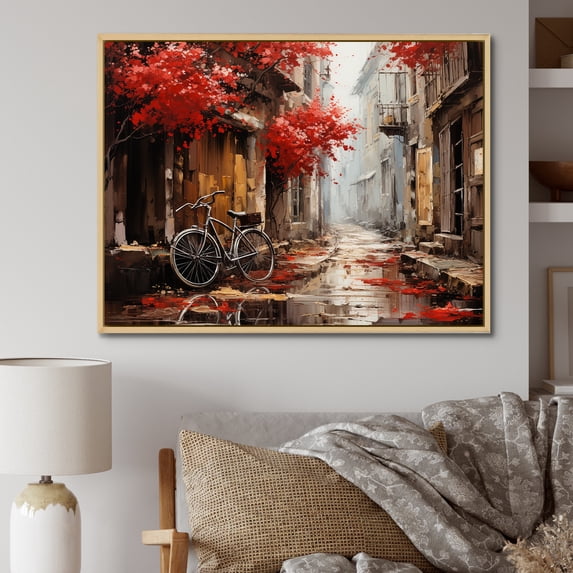 Designart "Scarlet Trek Blooming Journey I" Bicycle Floater Framed Canvas Wall Art