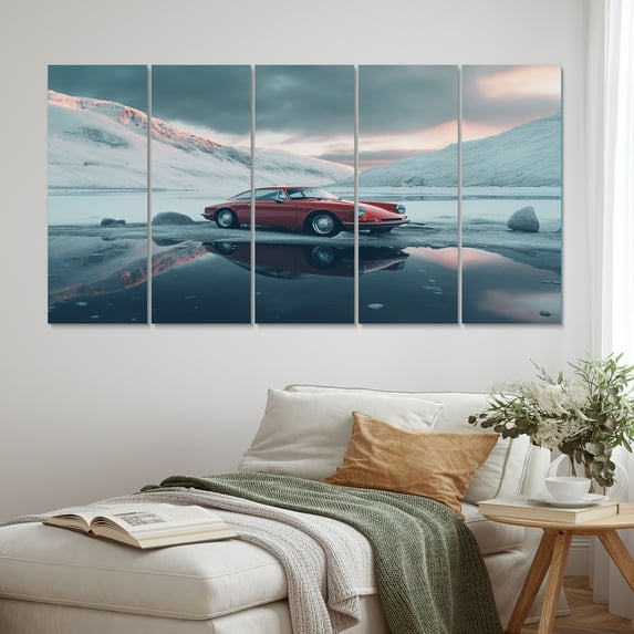 Designart "Scenery with a Classic German Car III" Retro Car Metal Art Print Set