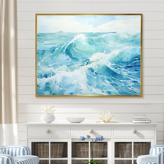 Designart "Scenic Blue Ocean In Motion III" Ocean Floater Framed Wall Art Prints