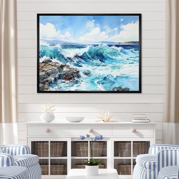 Designart "Scenic Blue Ocean In Motion" Ocean Floater Framed Canvas Prints