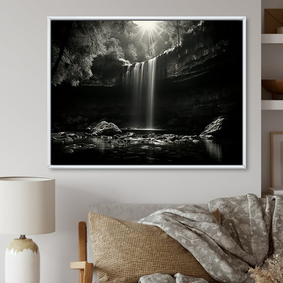 Designart "Scenic Cliff Waterfall I" Waterfall Floater Framed Canvas Prints