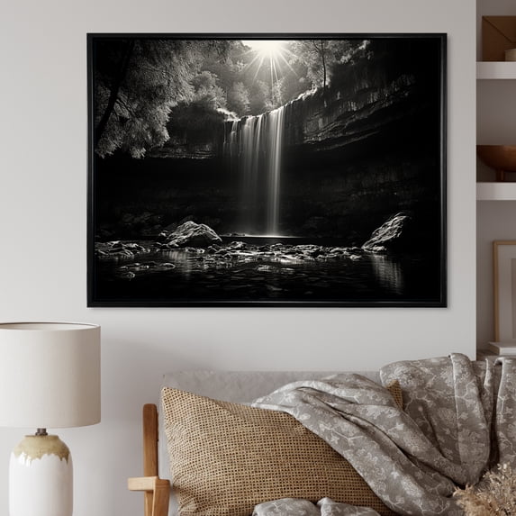 Designart "Scenic Cliff Waterfall I" Waterfall Floater Framed Canvas Prints