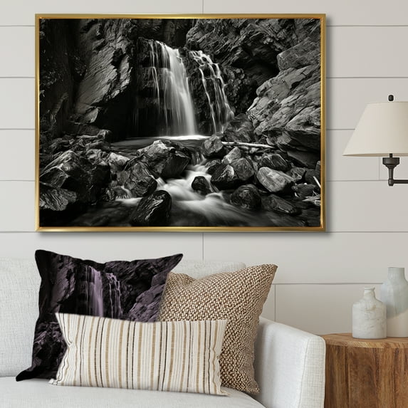 Designart "Scenic Cliff Waterfall II" Waterfall Floater Framed Wall Decor