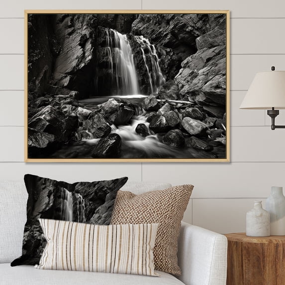 Designart "Scenic Cliff Waterfall II" Waterfall Floater Framed Wall Decor