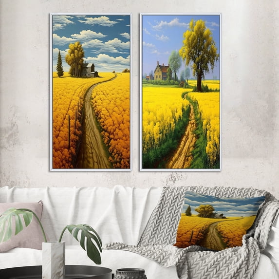Designart "Scenic Countryside Spring Fields Journey II" Meadow Framed Wall Art Set Of 2 - Traditional Yellow Gallery Wall Frame Set For Home Decor