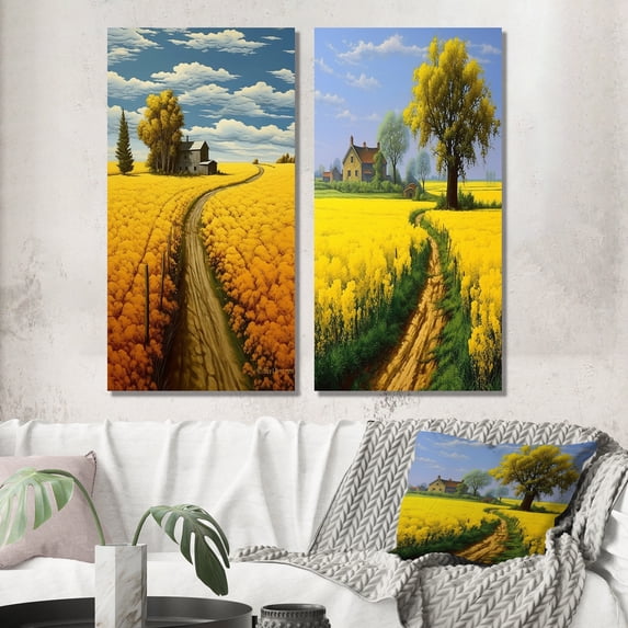Designart "Scenic Countryside Spring Fields Journey II" Meadow Wall Art Set Of 2 - Traditional Yellow Gallery Wall Set For Home Decor