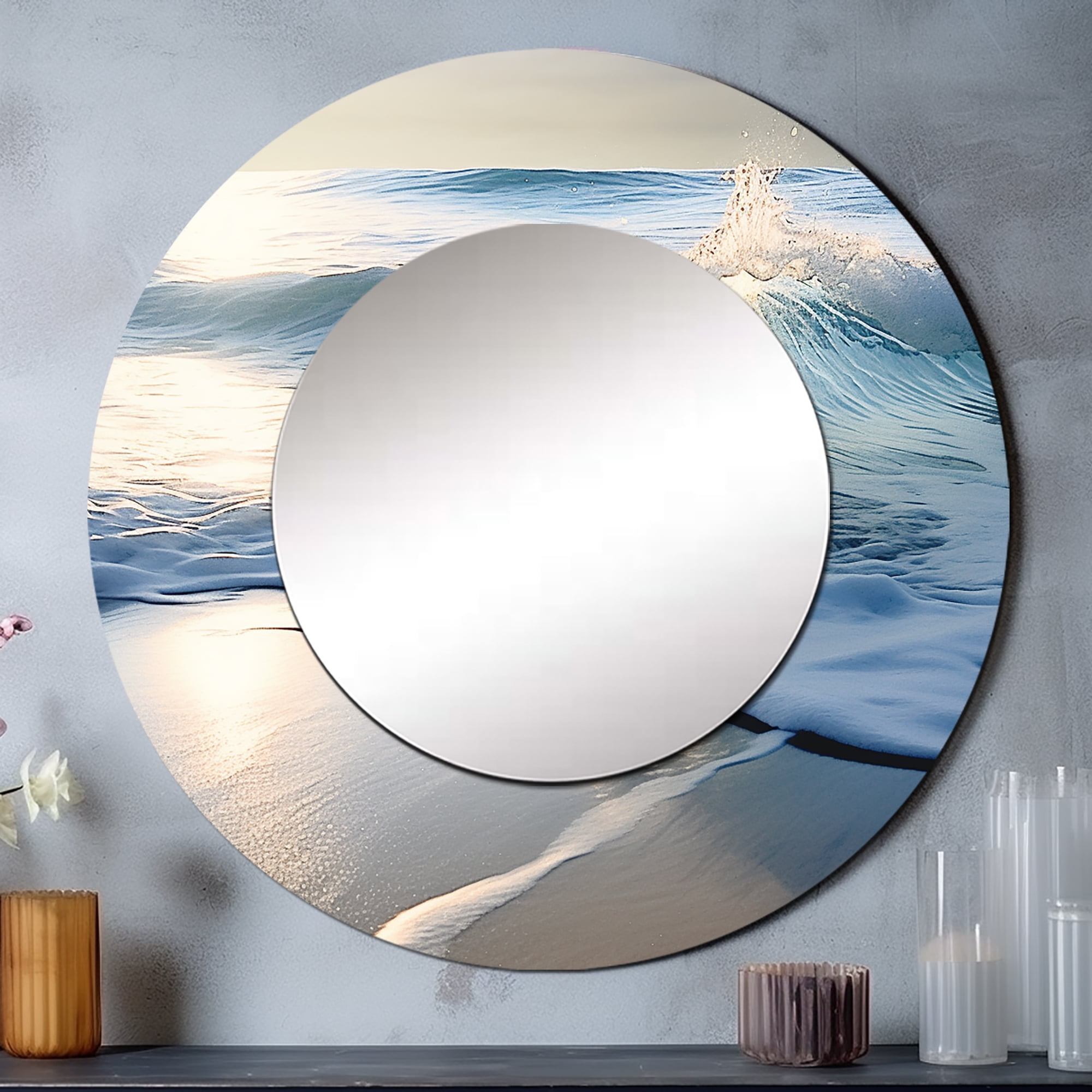23" Round Coastal Blue Metal Mirror with Beach Wave Design