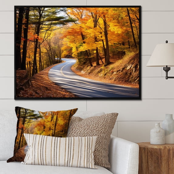 Designart "Scenic Route Autumn's Journey into the Forest I" Landscapes Framed Wall Art - Modern Yellow Road Hallway Framed Wall Art Decor
