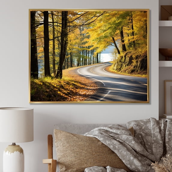 Designart "Scenic Route Autumn's Journey into the Forest III" Landscapes Framed Wall Art - Modern Yellow Road Bedroom Framed Canvas Wall Art