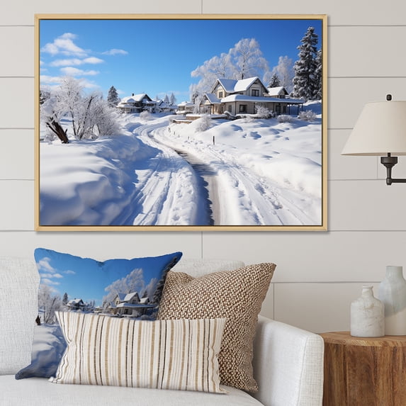 Designart "Scenic Snowy Country Roads II" Landscapes Framed Wall Art - Coastal Blue Landscape Cottage Mountains Winter Bedroom Framed Canvas Wall Art