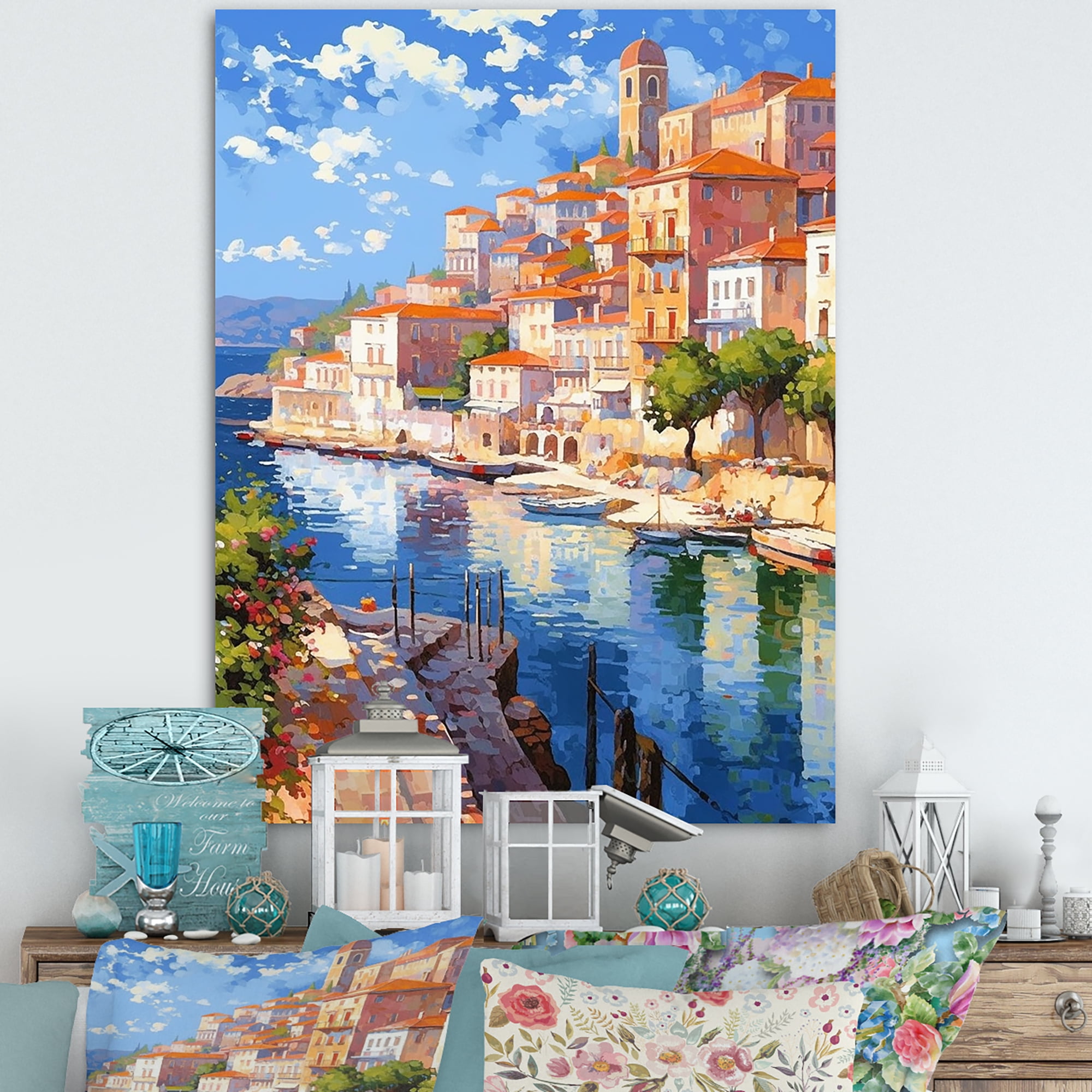 Scenic Italy Coastal View Canvas Print in Blue and Peach