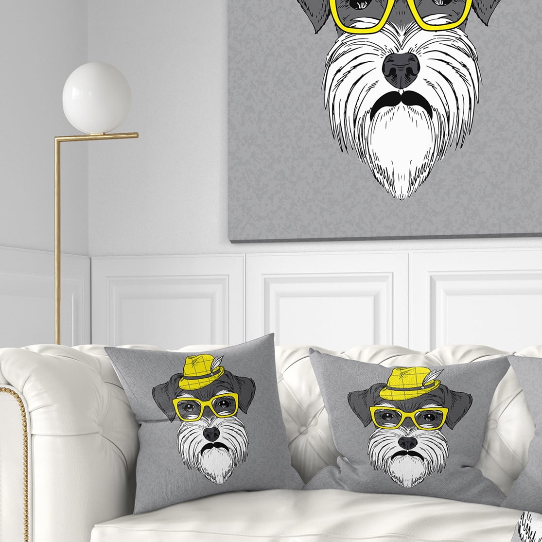 Designart Schnauzer with Hat and Glasses - Contemporary Animal Throw Pillow - 18x18