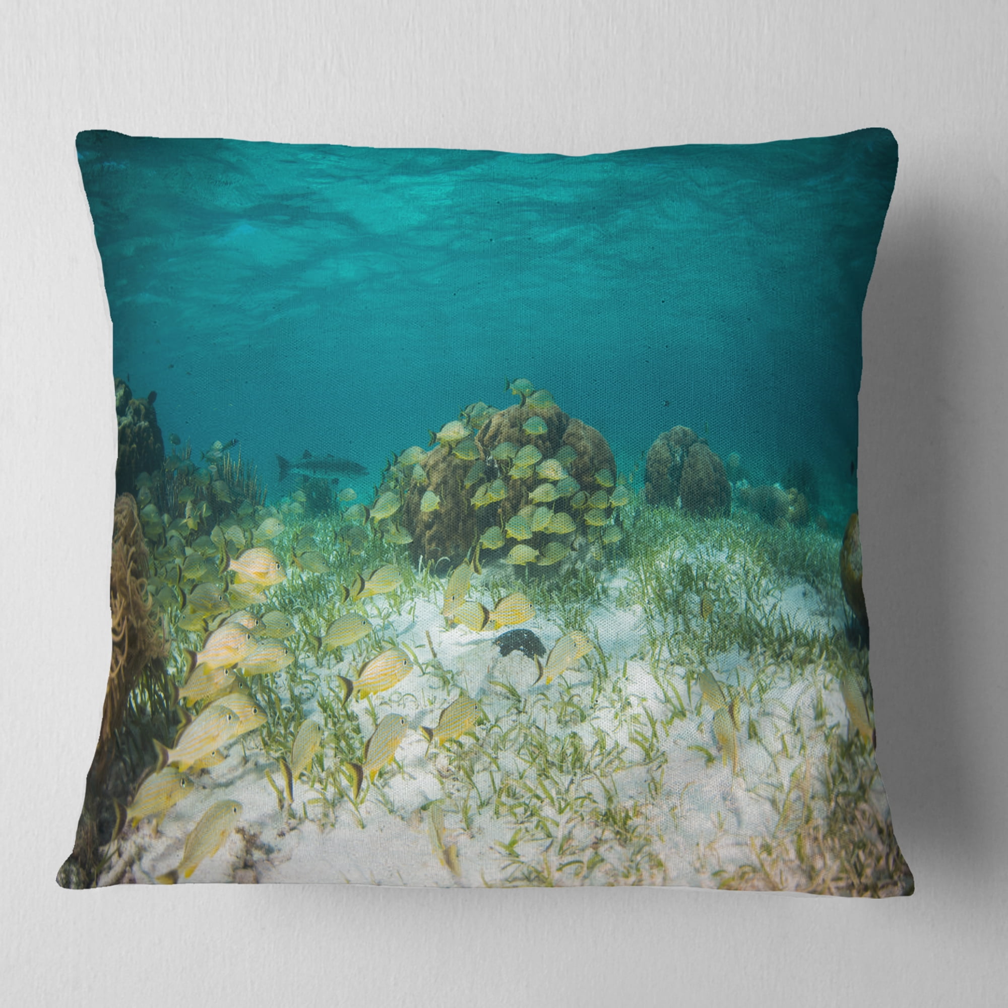 Designart School of Grunts with Baracuda - Seashore Throw Pillow - 16x16