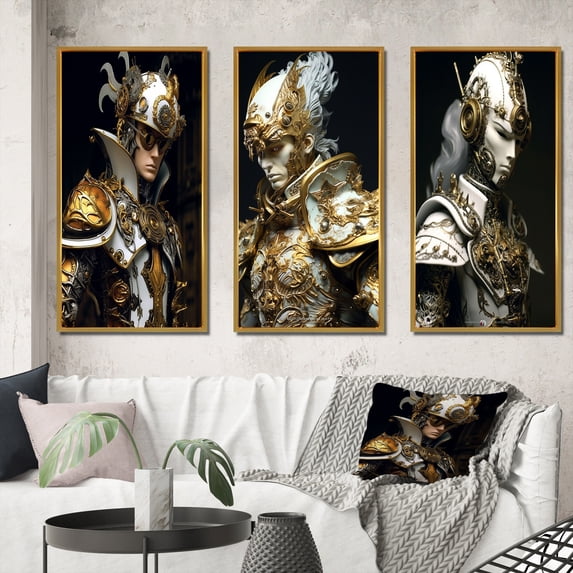Designart "Sci-Fi Portrait Cyborg Soldier in White & Gold II" Robot Framed Wall Art Set Of 3 - Gold Modern Frame Gallery Set For Office Decor