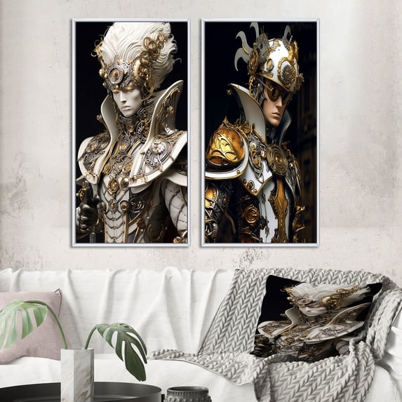 Designart "Sci-Fi Portrait White & Gold Cyborg Soldier III" Robot Framed Wall Art Set Of 2 - Modern Gold Framed Canvas Set For Living Room Decor