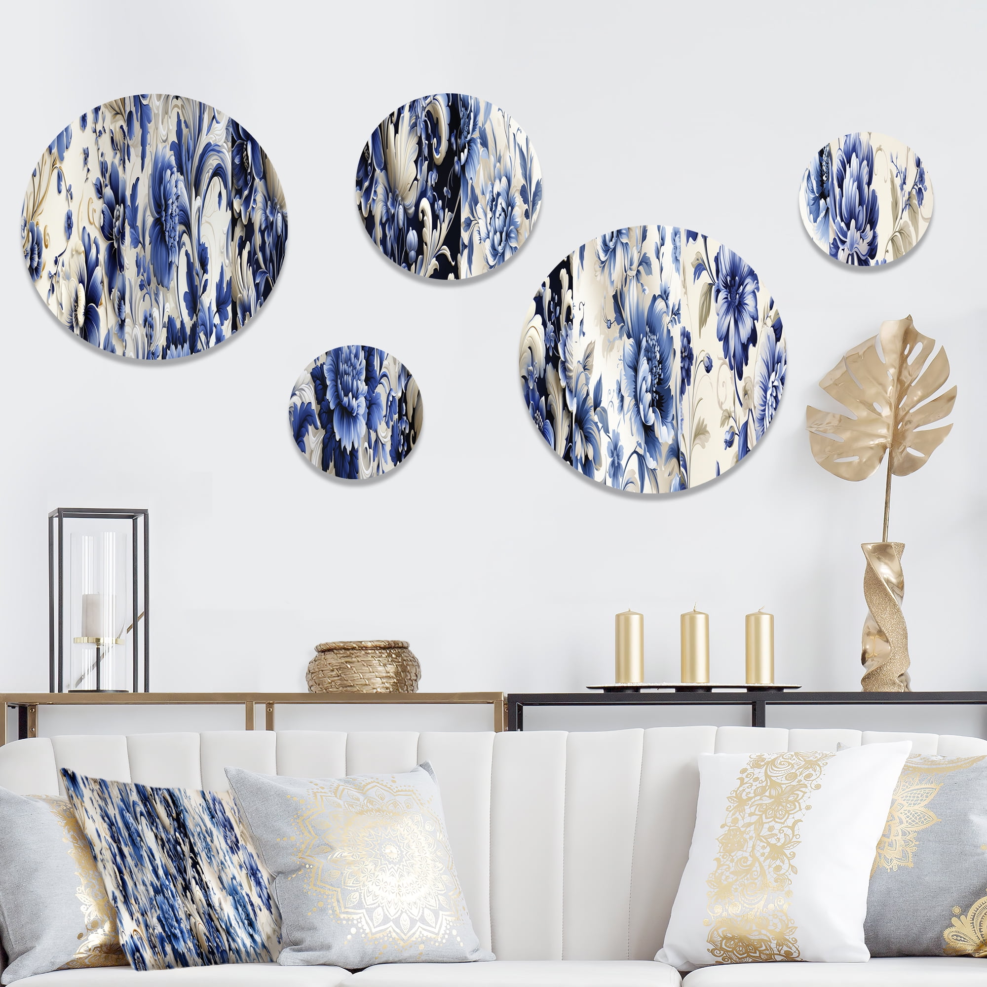 Cobalt Blue and White Floral Metal Wall Art Set of 5 Panels