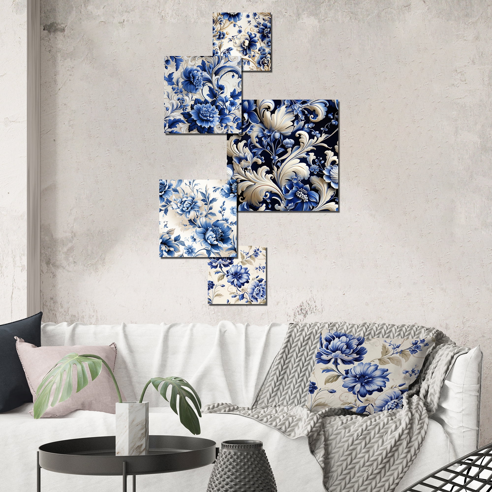 Cobalt Blue and White Floral Metal Wall Art Set of 5 Panels