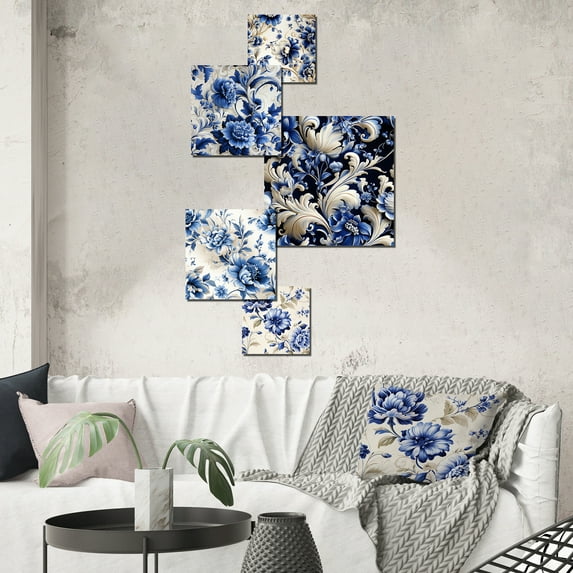 Designart "Scrolls Of Cobalt Blue Lacework I" Floral Wall Art Set Of 5 - Blue Cottage Office Room Metal Wall Art Set