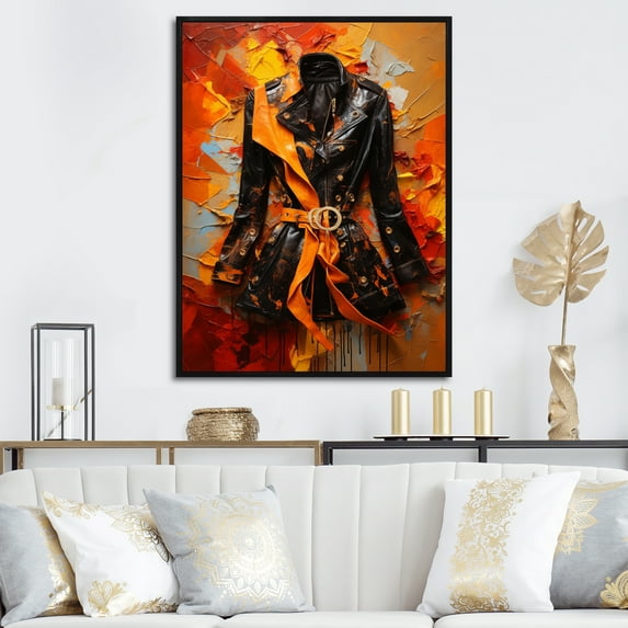 Designart "Sculpted Dress Orange And Black" Fashion Floater Framed Canvas Print